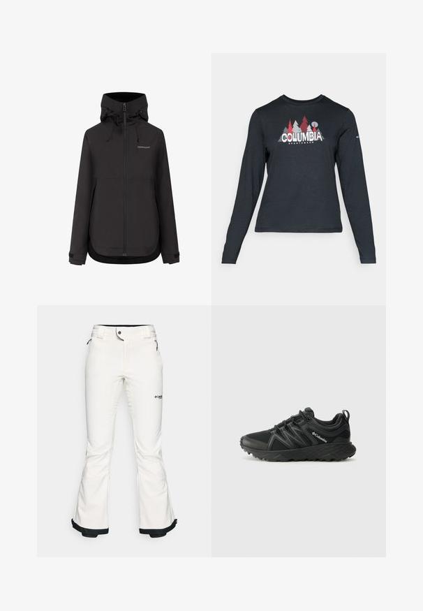 Crna Didriksons vodootporna jakna s kapuljačom, prednjim patentnim zatvaračem, podesivim manšetama i vezicama na kapuljači.; Majica dugih rukava tamnosive boje s grafikom crvenih drveća i planina; logo "COLUMBIA" u podebljanom bijelom tekstu. Mekana tkanina, standardni okrugli izrez.; Bijele skijaške hlače izrađene od mekog, fleksibilnog materijala. Imaju uski struk, široke ispružene nogavice i crne obrube na manžetama. Vidljiv brend logo.; Columbia PEAKFREAK - Obuća za pješačenje - black