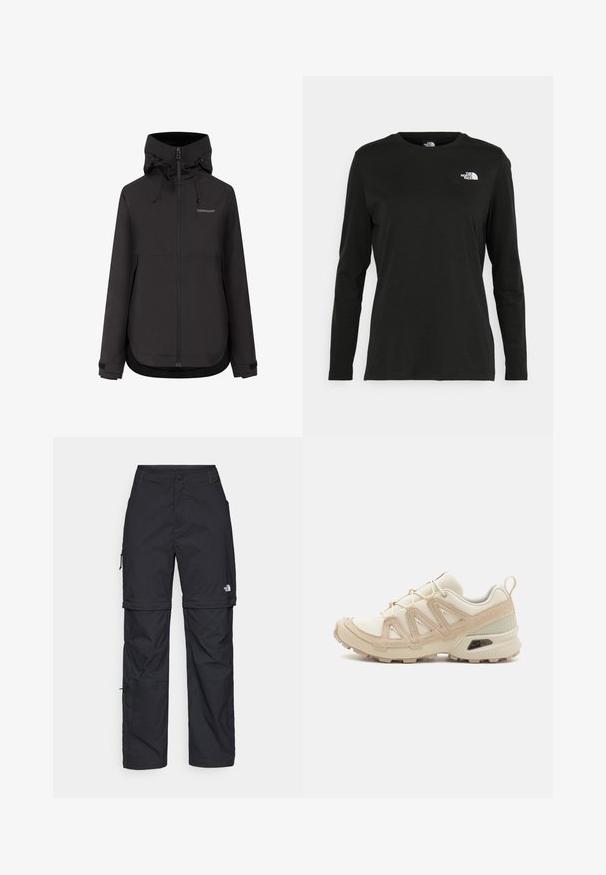 Didriksons JENNIE czarny; Czarna koszulka z długim rękawem z bawełny z okrągłym dekoltem. Posiada niewielkie białe logo po lewej stronie na piersi. Prosty design i fason.; Czarne nylonowe spodnie cargo z odpinanymi nogawkami, regulowanymi mankietami, wieloma kieszeniami oraz logo na prawej nogawce. Gładka, lekka tekstura.; Beżowe i kremowe buty sportowe z teksturowanej siateczki, wspierającymi nakładkami oraz gumową podeszwą z wzorem bieżnika zapewniającym przyczepność.