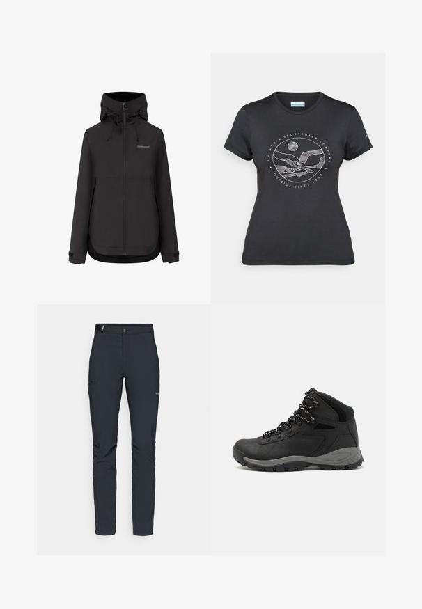 Veste imperméable noire Didriksons avec capuche, fermeture éclair à l'avant, poignets ajustables et cordons de serrage sur la capuche.; T-shirt noir Columbia avec un dessin linéaire blanc de montagne et de rivière en cercle et le texte "Columbia Sportswear Company À l'extérieur depuis 1938."; Pantalons de plein air pour hommes, gris foncé, fabriqués en matériau flexible, dotés d'une ceinture, de poches zippées et de coutures renforcées.; Botte de randonnée noire au design mi-haut, avec un dessus texturé, des accents gris et une semelle en caoutchouc durable avec des crampons de traction.