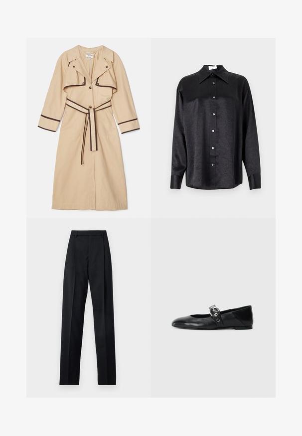 Béžový trench coat s tmavě hnědými akcenty, s dvouřadým zapínáním, širokým límcem a zavázaným pasovým opaskem. Dlouhé rukávy a střední délka.; Černá košile s dlouhým rukávem a límečkem, s jakostní texturou, plně zapínací, s manžetami. Vyrobena z hladkého materiálu.; Černé kalhoty vyrobené z hladké tkaniny, vybavené vysokým pasem, širokými nohavicemi, předními záhyby a klasickými poutky na opasek. Nejsou viditelné boční kapsy.; Černé kožené baletní střevíce s špičatou špičkou, vybavené páskem s kruhovou kovovou přezkou a plochou podrážkou.