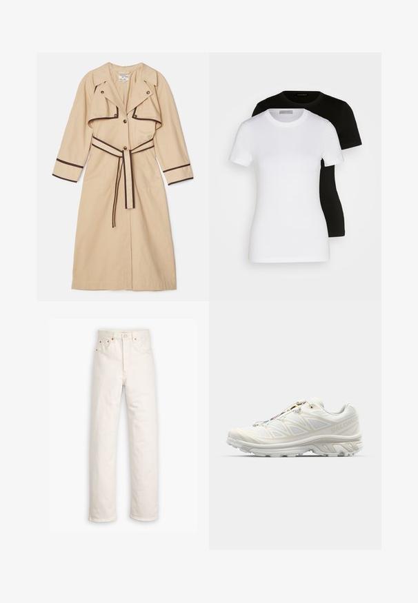 Bež trench kaput s tamnosmešnim akcentima, s dvostrukim kopčanjem sprijeda, širokim ovratnikom i remenom vezanim u struku. Dugi rukavi i srednje dužine dizajn.; Dvije majice kratkih rukava u crnoj i bijeloj boji. Izrađene od glatkog pamuka, imaju klasičan okrugli izrez i regularan kroj.; Bijele traperice od denima s ravnim nogavicama, stil s pet džepova i akcentima od bakra. Neobrađeni rub na gležnjevima.; Bijele trkaće cipele s prozračnom mrežastom gornjom dijelom, teksturiranim akcentima i podstavljenim đonom. Imaju sustav brzog vezivanja za lako prilagođavanje.