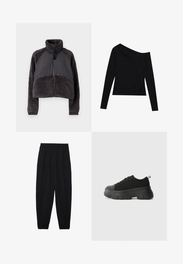 Kuttet jakke i mørkegrå med en fleece kropp og glatte stofpaneler. Har høy krage og glidelåsede frontlommer.; Svart langermet topp med asymmetrisk hals og en tettsittende design laget av myk, glatt stoff. Ingen synlige mønstre eller tilbehør.; Svarte, lette bukser med elastisk liv og rynkede ankler. Stoffet er glatt og har en avslappet, innsvingt design.; Svarte sneakers med en kraftig gummisåle, teksturert stoffoverdel, rund tå og snøring. Har forsterkede snørehull og bakre trekkstang.