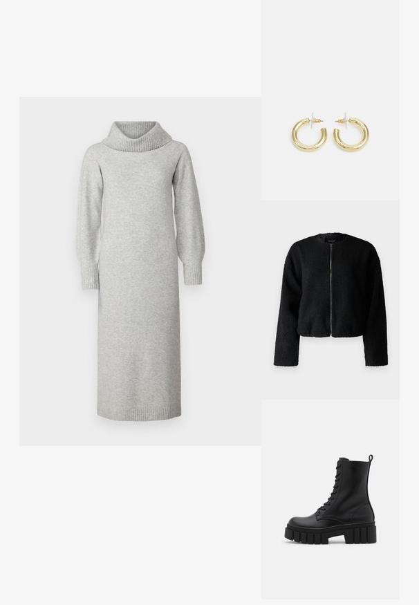 Črna kratka jakna, izdelana iz teksturirane, puhaste tkanine. Ima okroglo ovratnico in sprednji zadrgo, z dolgimi, ohlapno prilegajočimi rokavi.; Siva pletena obleka z ovratnikom, dolgimi napihnjenimi rokavi ter rebrastimi manžetami in robom. Tkanina deluje mehko in teksturirano.; Črne usnjene gležnjarje z debelim, rebrastim podplatom, vezanjem na sprednji strani in zanka za vlečenje na gladki beli podlagi.; Zlate uhane v obliki obročkov z gladko, sijočo površino. Krožna zasnova s majhnim nosilcem in prozornim podplatom za varno nošenje.