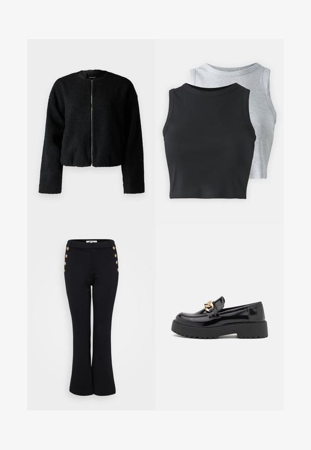 Mustamoodne lühikeste varrukatega jope, mis on valmistatud tekstuurilisest ja karvaseks muutuvast kangast. Omab ümmargust kaelust ja esi lukkude, koos pikkade, lõtvade varrukatega.; Even&Odd Petite 2 PACK - Topp - light grey/black; Mustad laiad püksid, mis on valmistatud siidiselt siledast kangast, millel on kuldsed nupud vöökoha ääres detaile lisamas ja istuv siluett.; Mustad musta läikiva nahaga loaferid, millel on jäme must tald ja kuldsed detailid. Sujuv tekstuur ja ümar varvaste disain.