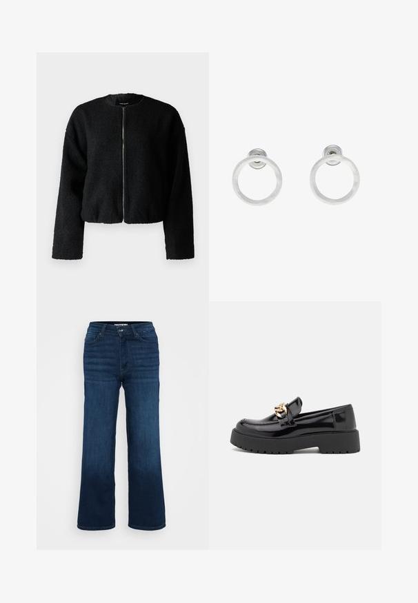 Melna, īsa jaka, kas izgatavota no teksturētas, pūkainas auduma. Iespējas ietver apaļu dekoltē un aizmugures rāvējslēdzēju, kā arī garas, brīvi pieguļošas piedurknes.; Even&Odd Petite 2 PACK - Tops - light grey/black; ONLY Petite ONLMADISON BLUSH WIDE - Džinsi ar platām starām - dark blue denim; Melni lakoti mokasīni ar masīvu melnu zoli un zelta aksesuāriem. Gluda tekstūra un noapaļota purngala dizains.; Sudraba metāla gredzenveida auskari ar matētu faktūru, ar apaļu dizainu un caurspīdīgu aizdari, lai nodrošinātu drošu valkāšanu.