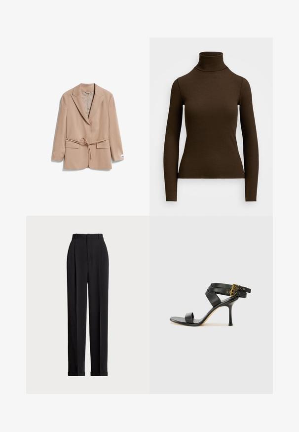 Blazer beige con un diseño entallado, mangas largas, cuello con muesca, correa en la cintura y dos bolsillos delanteros. Tejido suave con un brillo sutil.; Top de cuello alto de manga larga en color marrón, hecho de tela acanalada. Presenta una silueta ajustada y un diseño de cuello alto. Sin patrones o acentos visibles.; Pantalones negros a medida con una cintura alta, que cuentan con pliegues en la parte delantera, un diseño de pierna recta y dobladillo con vuelta. Fabricados con un tejido suave.; Sandalia negra de tacón con correas cruzadas y hebilla ajustable. Presenta una textura suave y un tacón de aguja afilado.
