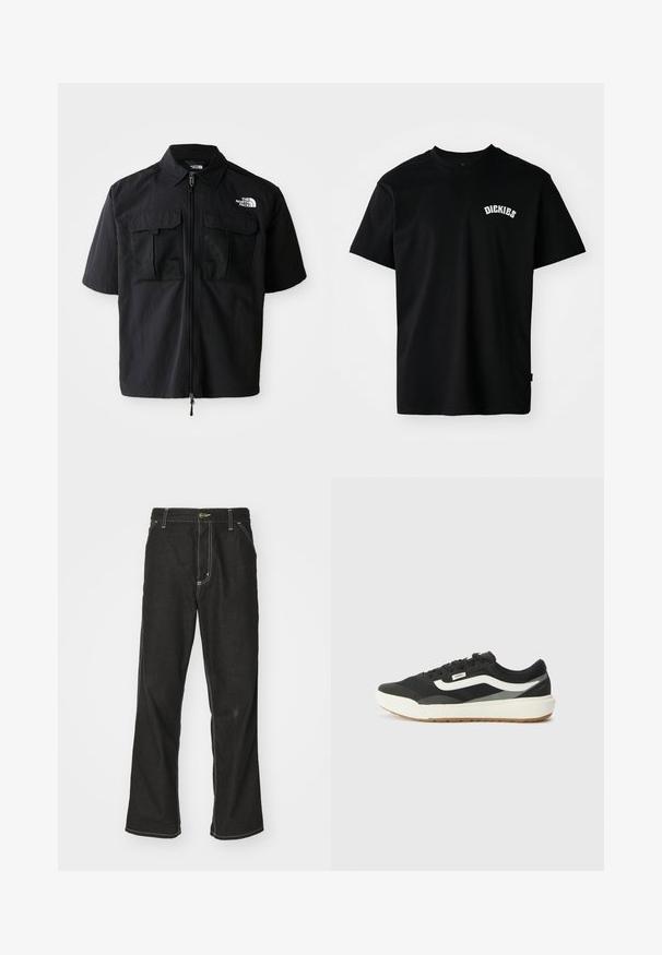 Črna majica s kratkimi rokavi z sprednjim zadrgo, dvema mrežastima žepoma na prsih in logotipom na levi strani. Narejena iz lahkega, teksturiranega materiala.; Črna bombažna majica s kratkimi rokavi in krožnim ovratnikom. Ima belo ukrivljeno pentljo "DICKIES" na prsih. Preprost dizajn, brez vzorcev.; Črne jeans hlače ohlapenega kroja, ki imajo kontrastno belo šivanje, zapiranje na gumb in ravno nogavico.; Črne superge z belimi detajli, ki imajo gladek sintetični zgornji del, okroglo obliko in gumijast podplat, v kombinaciji s svetlobezžno hlačami.