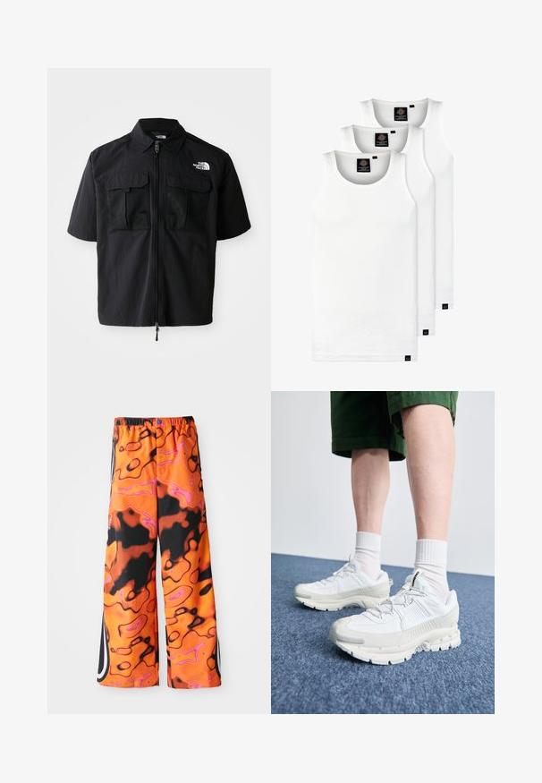 Lühikeste varrukatega must särk, millel on ees tõmblukk, kaks võrkpaneeli rinna taskut ja logo vasakul küljel. Valmistatud kergest, tekstureeritud kangast.; Kolm valget ribaga t-särki, mis on valmistatud puuvillast. Omavad ümmargust kaelanõhku ja väikseid musti silte hemme lähedal. Saadaval erinevates suurustes.; Lohked пüksid, millel on elav oranž, must ja roosa abstraktne keerispind, elastne vöökoht, külje triibud ja nupuvajutus.; Valged sportsijalatsid tekstuursete pealsete, kopsaka tallaga ja hallide aktsentidega. Kanda valgete lühikeste sokkidega ja roheliste lühikeste pükstega sinisel pinnal.