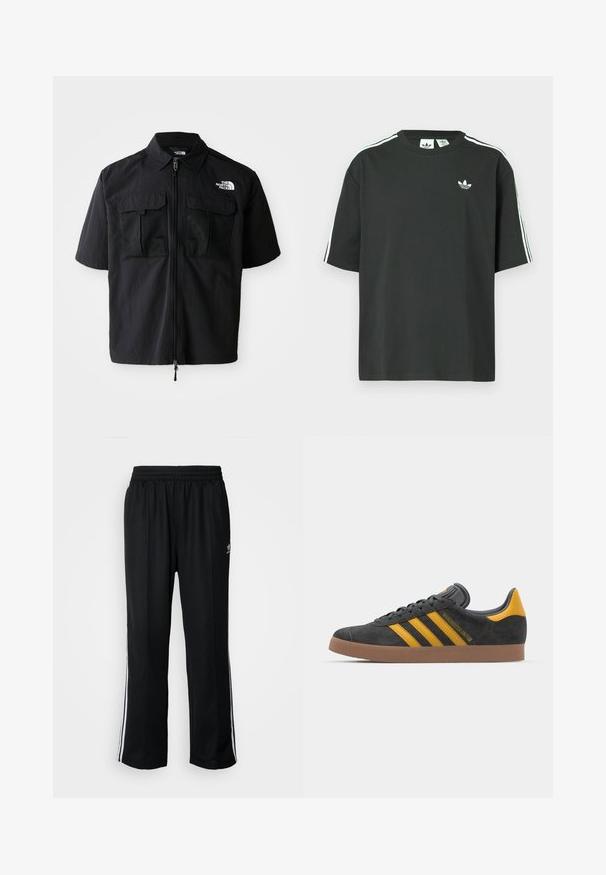 Short-sleeve black shirt with a front zipper, two mesh chest pockets, and a logo on the left side. Made from lightweight, textured fabric.; Black cotton t-shirt with short sleeves, crew neckline, and white three-stripe detailing on shoulders. Features a small white logo on chest.; Black athletic pants with an elastic waistband, featuring white side stripes and a small logo. Material appears soft and lightweight.; Black suede sneaker with yellow accents, featuring three stripes and a brown rubber sole. Includes a padded tongue for comfort.