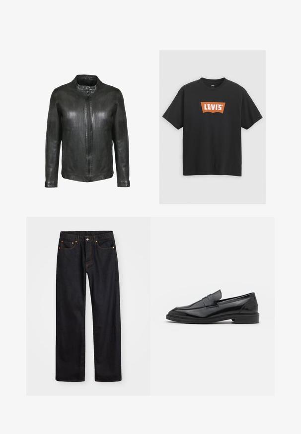 Musta nahkatakki, jossa on pystykaulus, vetoketjusuljenta edessä ja pitkät hihat. Sujuva pinta ja istuva muotoilu. Ei näkyviä metalliosia.; Musta puuvillainen t-paita, jossa on edessä suuri oranssi Levi's-logo, lyhyet hihat ja pyöreä kaula-aukko.; Miestne čierne rovné džínsy so štyrmi vreckami a oranžovým šitím, zapínanie na gombík a zips na prednom pásku.; Musta nahkakengät, joissa on sileä pinta, pyöristetty varvas ja kapea nauha päällä. Matala paksu kanta.
