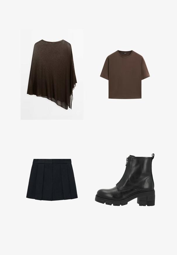 Poncho trasparente marrone con orlo asimmetrico, tessuto leggero, scollo ampio e design fluido per un indossare drappeggiato.; T-shirt in cotone marrone, maniche corte, collo a giro, vestibilità abbastanza ampia, texture liscia, design minimalista, senza motivi o dettagli visibili.; Gonna nera a pieghe realizzata in un tessuto con una texture liscia. Presenta un cinturino strutturato e multiple pieghe verticali per definizione.; Stivale alla caviglia in pelle nera con cerniera laterale, suola spessa e tacco a blocco. Presenta cuciture sottili e un logo sul lato esterno.