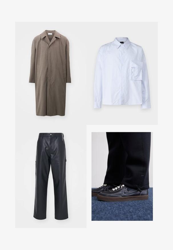 Filippa K CAR COAT - Klasikinis paltas - driftwood; Šviesiai mėlynos ir baltos dryžuotos medvilninės marškinių blausos. Yra krūtinės kišenė ir klasikinis apykaklė. Ilgos rankovės su sagų apyrankėmis.; Juodos odinės kelnės su lygiu paviršiumi, plačiu kojų kirpimu ir šoninėmis kišenėmis. Atrodo, kad turi sagos uždarymą ir diržo kilpos.; Nike Sportswear KILLSHOT 2 LTR PRM OPP2 - Sportbačiai - black sail baroque brown mtlc dk grey