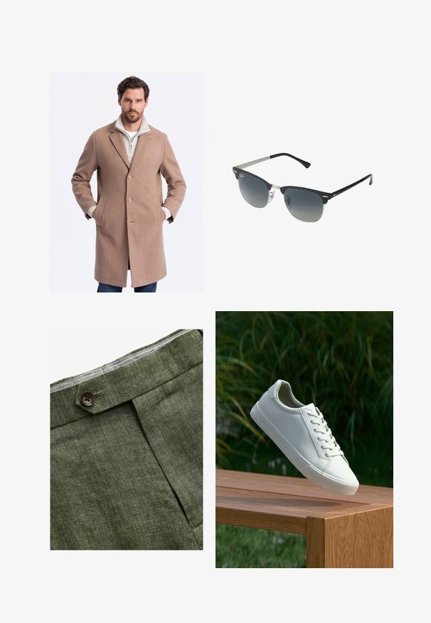 Cappotto lungo in lana marrone chiaro con vestibilità sartoriale, bottoni a abbottonatura singola, tasche laterali e un sottogiro bianco testurizzato con zip.; Camicia azzurra a maniche lunghe con colletto classico, orlo dritto e una trama sottile. Presenta una chiusura centrale con bottoni.; Pantaloni in lino verde oliva con piega frontale, dotati di chiusura con bottone e una fodera a quadretti a contrasto nella cintura.; Sneaker bianco con lacci sospeso sopra una panchina di legno, con fogliame verde sullo sfondo, che mette in mostra il design e la texture della scarpa.; Occhiali da sole neri e argento con forma a occhio di gatto, lenti sfumate e dettagli metallici sulla montatura. Aste in plastica con punte grigie.