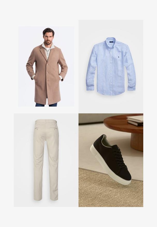 Hellbrauner Wollmantel mit taillierter Passform, einreihigen Knöpfen, Seitentaschen und einer strukturierten weißen Zip-Up-Unterlage.; Blau-weißer gestreifter Langarmshirt aus Baumwolle mit einem Button-Down-Kragen, Frontknöpfen und einem kleinen gestickten Logo auf der Brust.; Beige Hosen mit glatter Textur, geradem Schnitt, zwei Gesäßtaschen mit Knöpfen und einem normalen Bund.; Schwarze Sneakers mit weißer Sohle, die über einem beige strukturierten Teppich schweben, in der Nähe eines runden Holztisches mit gestapelten Büchern.