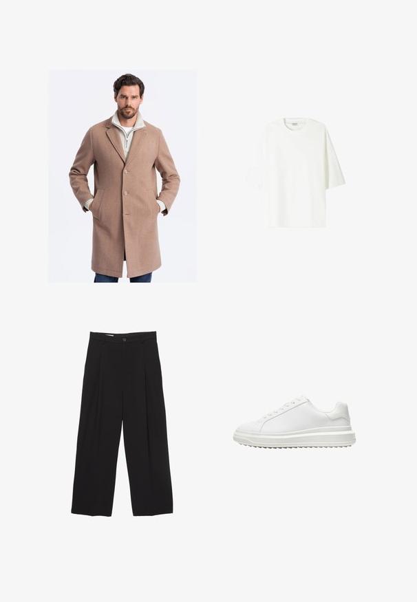 Světlé hnědé vlněné kabát s přiléhavým střihem, jednoramenné knoflíky, boční kapsy a texturovaná bílá zapínací spodní vrstva.; Bílá tričko s krátkým rukávem vyrobené z bavlny, se skládaným výstřihem a uvolněným střihem s rovním lemem.; Černé kalhoty širokého střihu vyrobené z hladké látky, s plochým pasem, předními záhyby a jedním knoflíkem na zapínání.; Bílé tenisky s hladkým syntetickým svrškem, kulatou špičkou, plochými tkaničkami, texturovanou podrážkou a vrstveným designem platformy pro zvýšení výšky.