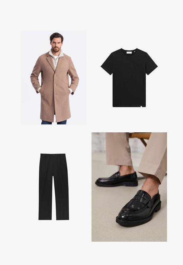 Cappotto lungo in lana marrone chiaro con vestibilità sartoriale, bottoni a abbottonatura singola, tasche laterali e un sottogiro bianco testurizzato con zip.; T-shirt nera a maniche corte in cotone, con scollatura rotonda e un piccolo logo ricamato sul petto. Tessuto liscio, vestibilità standard.; Pantaloni neri con un design a gamba dritta, realizzati in un tessuto liscio. Presentano pieghe frontali e una chiusura a un bottone in vita.; Mocassini in pelle nera con finitura liscia, dotati di una cintura decorativa e cuciture a contrasto, abbinati a pantaloni beige.