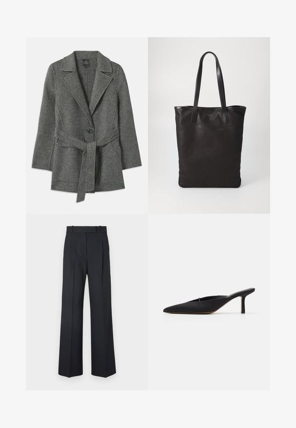 Pelēks zigzag raksta mētelis ar izdarinātu apkakli, vienu pogu un saderīgu jostu viduklī. Mīksta tekstūra.; Balta garām piedurknēm pogājama krekla ar norādītu apkakli, vienu krūšu kabatu un aprocēm. Izgatavots no gludas, vieglas auduma.; Tumši zili svītraini bikses ar augstu jostu, platu kāju dizainu un bez redzamiem aksesuāriem vai rotājumiem. Gluda tekstūra un pielāgota forma.; Melna, ar smailu purngalu, mūla ar elegantu dizainu, izgatavota no gludas auduma, ar šauru papēdi un atvērtu aizmuguri vieglai uzvilkšanai.; Melnas auduma iepirkumu soma ar melnām ādas rokturiem. Vienkāršs dizains, plaša forma un gluda tekstūra. Nav redzamu logo vai rakstu.