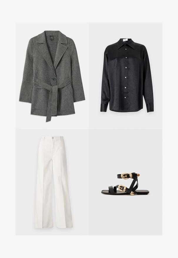 Szürke herringbone mintás kabát, különálló gallérral, egysoros gombolással és deréknál illeszkedő övvel. Puha textúrájú anyag.; Fekete, hosszú ujjú ing, galléros nyakkal, gyűrött textúrával, teljes gombos elejével és mandzsettákkal. Simaságú anyagból készült.; Fehér, bővebb nadrág, amely pamutból készült, sima textúrával. Elöl gombbal, cipzáras záródással és négy zsebes kialakítással rendelkezik.; Fekete bőr szandál arany csattal, több hevederrel és lapos talpú dizájnnal, nyitott lábujjú viselethez.