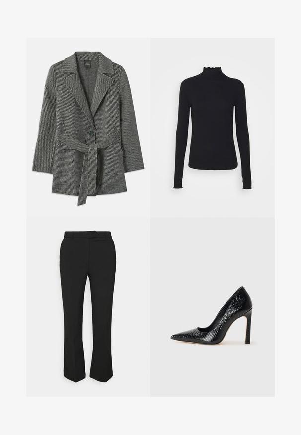 Sivkasta plašč z vzorcem ribje kosti, z izrezanim ovratnikom, zapiranjem na eno gumb in usklajenim pasom v pasu. Mehka teksturirana tkanina.; Črn dolg rokav turtleneck zgornji del iz gladkega materiala, ki se ponaša z nabranim ovratnikom in prilegajočim silhueto s preprostimi robovi.; Črne krojene hlače s ravnim krojem, z nožicami za pas in stranskimi žepi. Narejene iz gladkega materiala z čistim zaključkom.; Črne čevlje z visoko peto in konico v obliki puščice, z teksturo krokodilje kože, ki se ponašajo s sleek oblikovanjem, visokim stiletto peto in gladkim črnim notranjostjo.