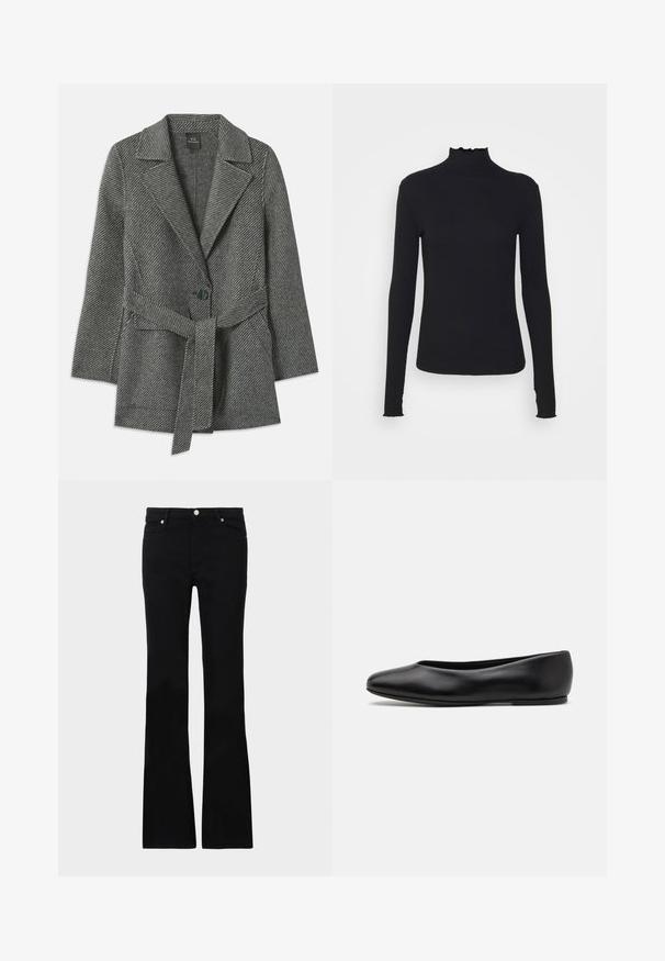 Sivkasta plašč z vzorcem ribje kosti, z izrezanim ovratnikom, zapiranjem na eno gumb in usklajenim pasom v pasu. Mehka teksturirana tkanina.; Črn dolg rokav turtleneck zgornji del iz gladkega materiala, ki se ponaša z nabranim ovratnikom in prilegajočim silhueto s preprostimi robovi.; Črne zvonaste kavbojke iz denima, ki imajo dve sprednji žepi, gumbasto zapiranje in gladko teksturo. Oznaka zašite vidna na šivih.; Paul Smith TOPANGA - Balerinke - black