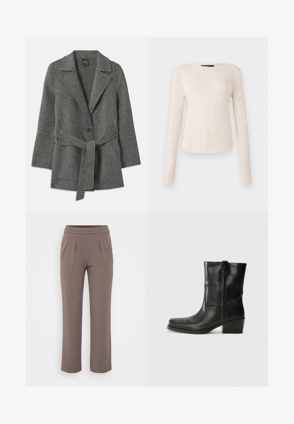 Hallist herringbone-kiri mustriga mantel, millel on lõikekaelus, üksikkuit, ja sobiv vöö puusa ümber. Pehme tekstuuriga kangas.; Pikkade varrukatega helesinine topp ümmarguse kaelusega. Valmistatud pehmest kangast, sisaldab keskset õmblust ja kergelt kaardus serva. Ei ole nähtavat riistvara.; Taupe värvi lahtised püksid elastse vöökohtadega ja ees pleated, valmistatud siledast kangast.; Musta nahast pahkluu saabas ümarate varvastega, plokknäppu, külgsepa ja pealsetel õmblusest aktsentidega. Sile tekstuur, klassikaline disain.