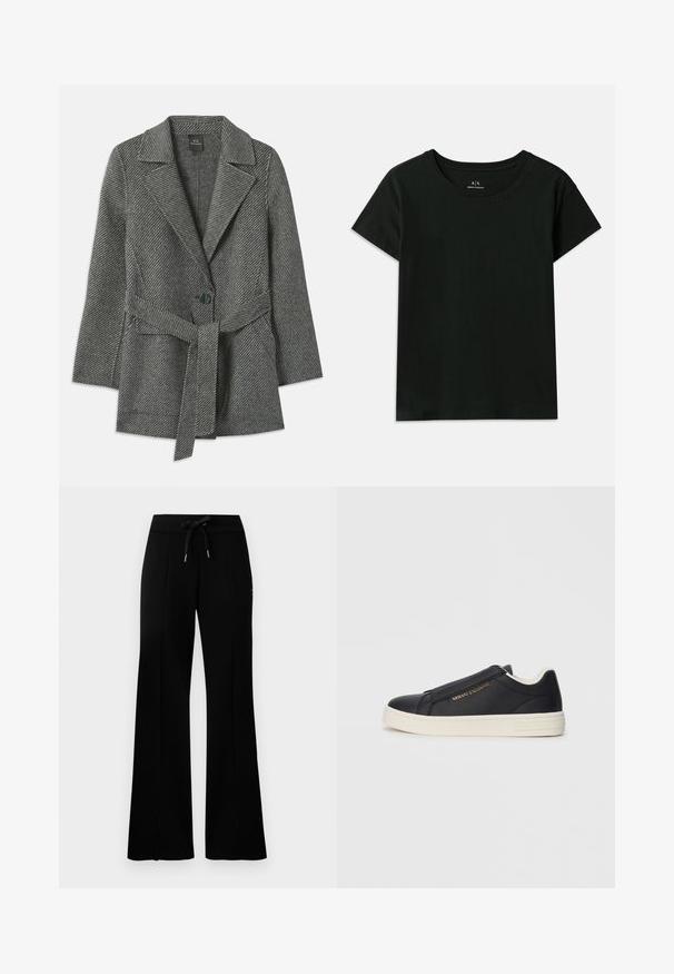Sivi kaput s uzorkom riblje kosti s ovratnikom u obliku slova u, zatvaranjem na jedan gumb i odgovarajućim remenom u struku. Mekani teksturirani materijal.; Crna majica kratkih rukava od pamuka. Ima okrugli izrez i reljefni natpis "Armani Exchange" duž ramena. Jednostavan dizajn.; Crne široke trenirke s remenom na vezanje, bočnim prorezima, mekanom tkaninom i elegantnim dizajnom.; Crne kožne slip-on tenisice s bijelim potplatom, zlatnim logotipom "Armani Exchange" sa strane i minimalističkim detaljima u šivanju.