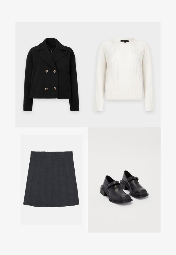 Črna dvojnice iz mešanice volne, s velikimi bež gumbi, z izrezanim kragnom in stranskimi žepi, s skrajšano zasnovo.; Bela pulover iz pletenine z dolgimi rokavi, okroglo ovratnico in okrasnim bisernim detajlom pri ovratniku. Mehka tekstura in prilagojen dizajn.; Temno siva nabrana krila z elastičnim pasom, ki ima teksturirano tkanino in klasično silhueto v obliki črke A. Primerna za vsakodnevno nošenje.; Črne usnjene čevlje z zaobljenim nosom, ravnim podplatom in trakcem z zaponko. Debel blokasti petnik za dodatno stabilnost.