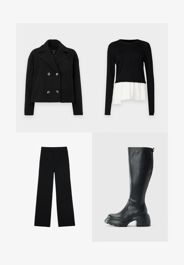 Černý dvouřadý kabát vyrobený ze směsi vlny, s velkými béžovými knoflíky, klopovým límcem a bočními kapsami, s kratším střihem.; Černý top s dlouhým rukávem, který má kontrastní bílý volánkový lem, kulatý výstřih a jemnou texturu. Navržen s uvolněným střihem.; Černé kalhoty širokého střihu vyrobené z hladkého materiálu, s předním zapínáním na knoflík a dvěma sklady pro zvýraznění detailu. Celkově střižený design.; Vysoká černá kožená bota s masivní platformou a blokovým podpatkem, s poutkem a texturovaným vzorkem na podrážce.