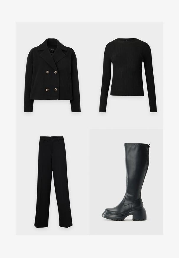 Black double-breasted jacket made of wool blend, featuring large beige buttons, a notched collar, and side pockets with a cropped design.; Black ribbed long-sleeve fitted sweater with a round neckline, displayed against a plain light background.; Black wide-leg trousers made of smooth fabric, featuring a classic waistband with a button closure and front pleats.; Tall black leather boot with chunky platform sole and block heel, featuring pull tab and textured tread on outsole.