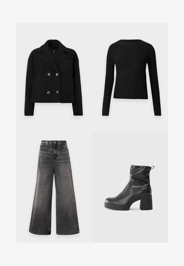 Mustast kahekordse nööbiga villasegust särk, milles on suured beežid nööbid, lõhiku kaelus ja küljetaskud, millel on lühendatud disain.; Mustmustriibuline must pikavarsiline sobiv sviiter ümmarguse kaelusega, esitatud helehallil taustal.; Laiad mustad denim teksad, millel on pleekinud pesu, viie-tasku disain ja nööp sulgemine vööl, lisaks õmblusaktsendid.; Mustad mustad ansapüksid, mis on valmistatud siledast nahast, külje zipperiga, paksu tekstuuriga kontsaga ja ümmarguse nina disainiga.