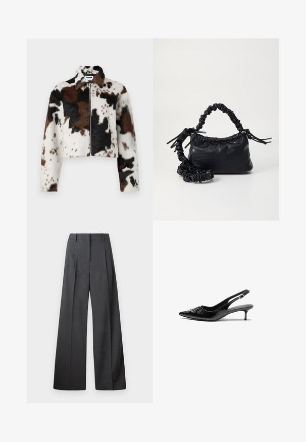 Cropped jacket made of soft fabric with a cow print pattern in white, brown, and black, featuring a front zip and a collar.; White long-sleeve blouse with stand collar, vertical pleats on front, button closure, and lace-trimmed cuffs.; Wide-leg trousers in dark gray fabric, featuring a high waist, single pleats, and a smooth texture with a clean finish at the hems.; Black leather slingback heels with a pointed toe, low kitten heel, and gathered detail on the vamp. Smooth texture and minimalist design.; Black faux leather handbag with a crocodile texture, cinched top, and a scrunched strap. Appears soft and compact in design.