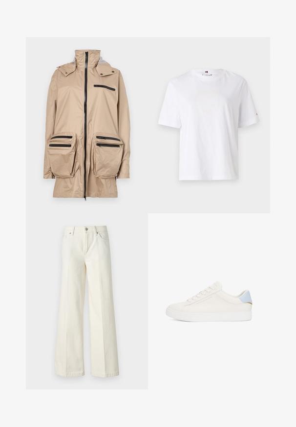 Beige waterproof jacket with high collar, front zipper, and multiple black zippered pockets on the chest and hips. Smooth texture.; White cotton T-shirt with a crew neck, short sleeves, and subtle yellow logo design reading "HILFIGER NEW YORK 1985." Standard fit.; Wide-leg white jeans made from cotton blend fabric. Features a zipper fly, five-pocket design, and stitching along the seams.; White leather sneaker with a smooth texture, light blue accent at the heel, gold hardware detail, and raised brand logo on the side.