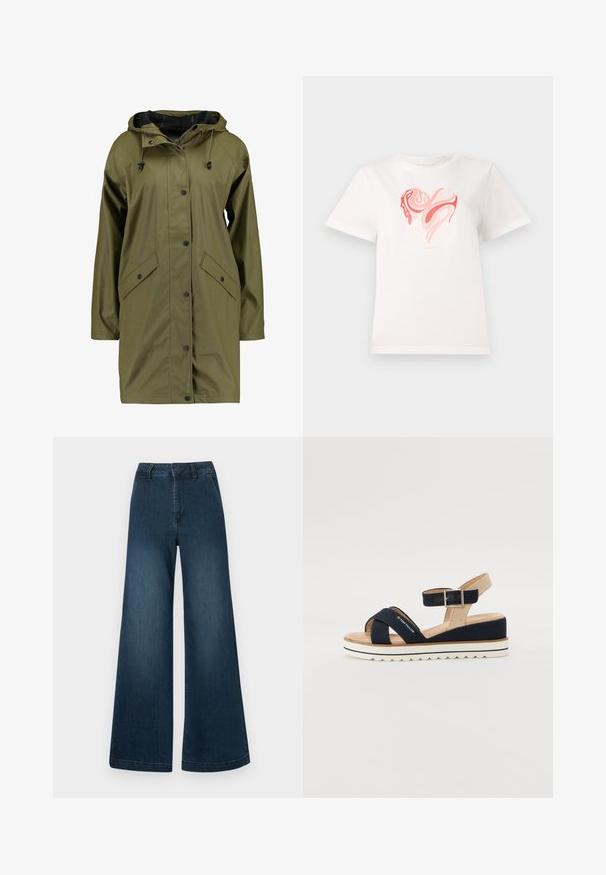 Alyvuogių žalios spalvos neperpučiamas lietpaltis su gobtuvu, užsegimu mygtukais, ilgomis rankovėmis ir dviem priekinėmis kišenėmis. Lygi, tekstūruota išorinė apdaila.; Baltos medvilnės marškinėliai su širdies grafika rožinėmis ir koralinėmis spalvomis, centre esančiais besisukančiais abstrakčiais raštais. Trumpomis rankovėmis, apvalia iškirpte.; Tamsiai mėlyni aukšto liemens plačiakulkšniai džinsai su priekinėmis kišenėmis ir dirželių kilpelėmis ant baltos fono.; Tamsiai mėlynos šlepetės su dviem audinio dirželiais, reguliuojamu kulkšnies dirželiu ir tekstūruotu smėlio spalvos užkulniu. Storesnis baltas, banguotas padas. Prekės ženklas atspaustas ant dirželio.