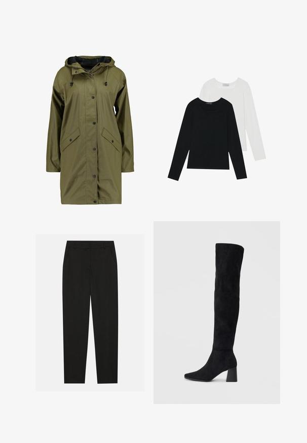 Olivengrønn vanntett regnjakke med hette, trykknapper, lange ermer og to frontlommer. Jevn, teksturert overflate.; To lange ermer t-skjorter, en svart og en hvit, begge med firkantet utringning og laget av mykt, elastisk stoff.; Sorte bukser med skreddersydd design, med sidelommer og rett ben. Laget av glatt, lett stoff med en elegant finish.; Sorte semskede knelang støvel med blokk-heelsk, spiss tå og glatt, sømløst design på en ensfarget lys bakgrunn.