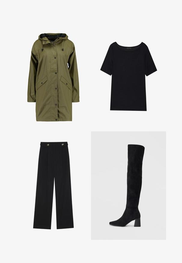 Olíva zöld vízálló esőkabát kapucnival, patent gombokkal, hosszú ujjakkal és két elülső zsebbels. Simább, textúrázott külső felület.; Fekete, rövid ujjas póló, széles dekoltázzsal. Puha, könnyű anyagból készült. Egyszerű, mintás vagy díszítés nélküli dizájn.; Fekete, bő szárú nadrág magas derékkal, gombos részletekkel a derékrészen és elülső pliszékkal.; Fekete nubuk térd fölé érő csizma, tömbsarokkal, hegyes orral és sima, varrat nélküli dizájnnal, világos háttérrel.