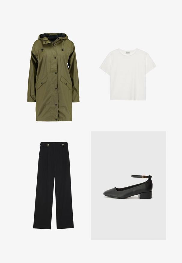 Alyvuogių žalios spalvos neperpučiamas lietpaltis su gobtuvu, užsegimu mygtukais, ilgomis rankovėmis ir dviem priekinėmis kišenėmis. Lygi, tekstūruota išorinė apdaila.; Balta trumpa rankovė T-marškiniai, pagaminti iš minkštos medvilnės. Charakterizuojami apvali kaklo iškirpte ir laisvu siluetu. Švarus dizainas be matomų raštų ar akcentų.; Juodi plačios kojos kelnės su aukštu liemeniu, sagų detalėmis ant liemens ir priekinėmis raukšlėmis.; Juodas odinis aukštakulnis batelis su smailiu pirštu ir žemu bloku. Su kulkšnies dirželiu su auksinės spalvos sagtimi. Lygus paviršius.