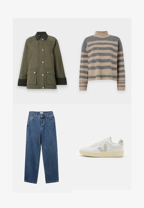 Olive green jacket with a corduroy collar, snap button closure, and two front pockets. Features ribbed cuffs and a smooth texture.; Striped knit sweater featuring gray and beige colors, high neck, wide cuffed sleeves, and a relaxed fit with a cropped design.; Classic blue denim jeans with a straight-leg design, five pockets, and a button closure. Features a medium wash and sturdy texture.; White leather sneaker with beige suede accents, perforated toe box, flat laces, and a textured cream sole. Features subtle branding on heel.