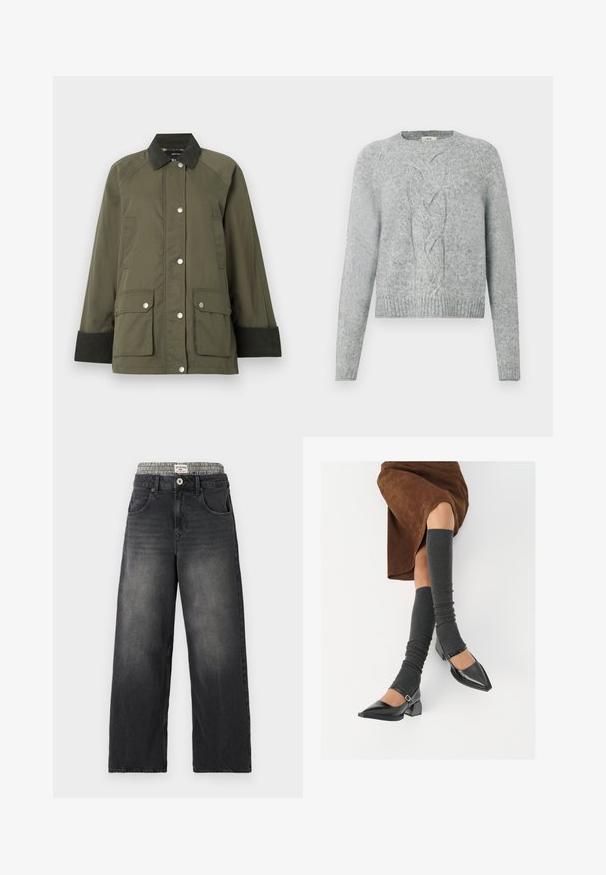 Oliivivihreä takki, jossa on corduroy-kaulus, nappisuljenta ja kaksi etupussia. Varusteena ribbatut hihansuut ja sileä pinta.; Vaaleanharmaa neulepaita, jossa on pitkät hihat, pyöreä kaula-aukko ja keskellä oleva palmikkoneulekuvio etupuolella.; Mustat farkut leveillä lahkeilla, joissa on houndstooth-kuvioitu vyötärö. Ominaisuuksiin kuuluu etutaskut ja nappikiinnitys. Kuluneet yksityiskohdat.; Musta lakattu nahkakengät teräväkärkisillä, leveällä kantapäällä ja nilkkahihnalla, yhdistettynä harmaisiin ribattuihin säärystimiin ja ruskeaan mokkasiinimekkoon.