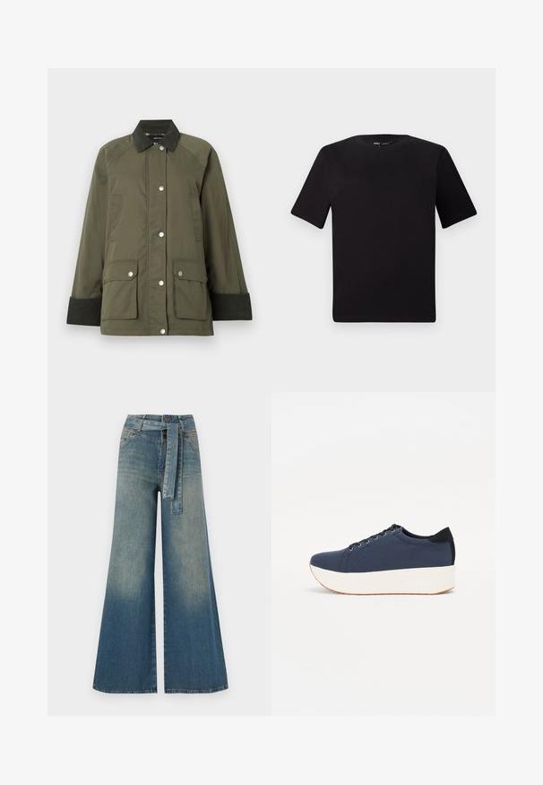 Veste vert olive avec un col en velours côtelé, fermeture à boutons pression et deux poches avant. Présente des poignets côtelés et une texture lisse.; T-shirt noir à manches courtes avec un col rond, fabriqué en coton doux. Design simple, sans logos ni motifs visibles.; Pantalons en denim à jambe large présentant un dégradé de bleu clair à bleu foncé, taille haute, passants de ceinture et une ceinture en tissu assortie. Finition en denim texturé.; Baskets bleu marine avec un upper en tissu texturé, semelle plateforme blanche, bout arrondi et accent noir au talon. Dispose de six œillets pour les lacets.