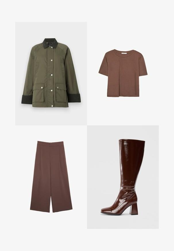 Olivno zelena jakna z žametnim ovratnikom, zapiranjem na pritisne gumb in dvema sprednjima žepoma. Ima ribane manšete in gladko teksturo.; Rjava kratka majica s kratkimi rokavi iz mehkega materiala, s krožnim izrezom in ohlapnim krojem. Brez vidnih vzorcev ali dodatkov.; Rjave široke hlače z gladko teksturo, ki imajo visok pas in sprednje naborke. Tkanina je lahka in prosto pada.; Bordeaux visoke škornje iz paten usnja z kvadratnim nosom, sijajno zaključno obdelavo in masivnim peto za stabilnost. Brezšiven dizajn brez vidnega okovja.