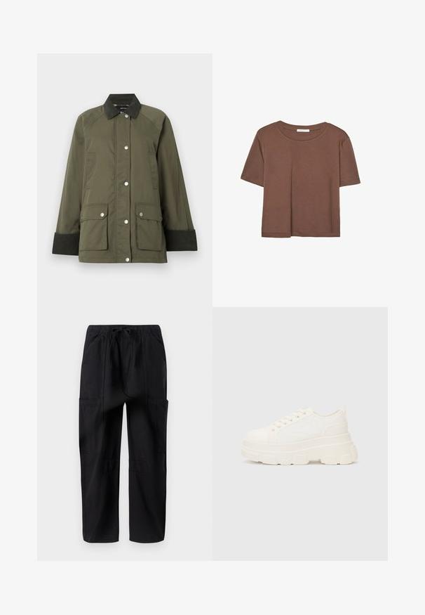 Giacca verde oliva con colletto in velluto a coste, chiusura con bottoni a pressione e due tasche frontali. Presenta polsini costolati e una texture liscia.; Maglietta a maniche corte marrone realizzata in tessuto morbido, con scollatura rotonda e vestibilità rilassata. Nessun motivo o dettaglio visibile.; Pantaloni cargo neri in cotone con vestibilità rilassata, dotati di una cintura elastica e molteplici tasche laterali per una maggiore utilità.; Sneaker bianca in tela con suola spessa, punta arrotondata e cinque occhielli per i lacci. Linguetta sul retro per una facile calzata. Texture liscia, design minimalista.