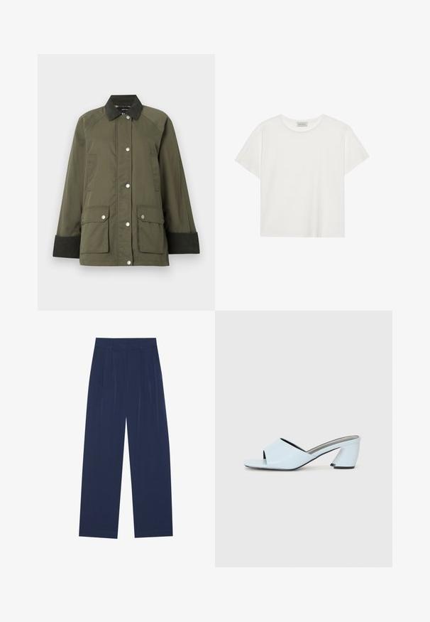 Giacca verde oliva con colletto in velluto a coste, chiusura con bottoni a pressione e due tasche frontali. Presenta polsini costolati e una texture liscia.; T-shirt bianco a maniche corte realizzato in morbido cotone. Presenta un collo rotondo e una vestibilità comoda. Design pulito senza modelli o dettagli visibili.; Pantaloni a gamba larga blu navy realizzati in tessuto morbido, dotati di pieghe frontali, una texture liscia e una vestibilità dritta senza tasche visibili.; Mule aperte di colore blu chiaro con punta aperta e design geometrico, dotate di una fascia larga che attraversa il piede e di un tacco spesso e angolare.