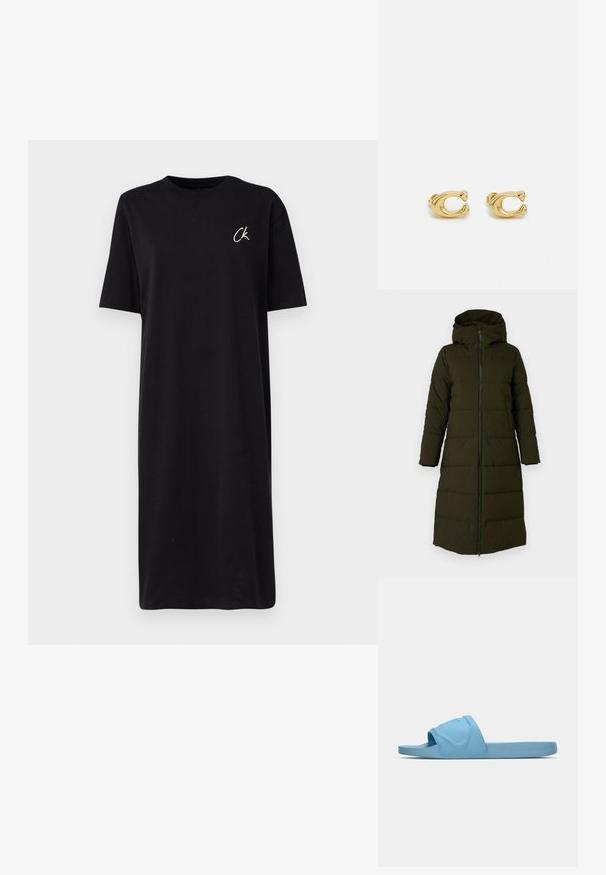 Long, hooded puffer coat in dark olive green. Features a front zipper, side pockets, and quilted pattern for insulation. Smooth texture.; Black T-shirt dress made of cotton, featuring a round neckline and short sleeves. Small white "CK" logo on the left chest.; Light blue slide sandal made of smooth rubber, featuring an embossed logo on the strap and a flat, textured sole.; Gold metal earrings with a smooth, curved design featuring a notable 'C' shape. Small size, shiny finish, and clasp backing for secure wear.