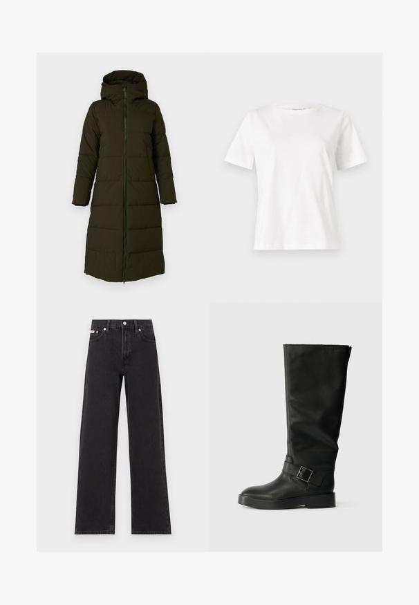 Dlhý pufový kabát s kapucňou v tmavom olivovom odtieni. Má predný zips, bočné vrecká a prešívaný vzor pre izoláciu. Hladký povrch.; Biela bavlnená tričko s krátkymi rukávmi, okrúhlym výstrihom a voľným strihom. Hladká textúra, bez vzorov alebo akcentov, minimalistický dizajn.; Čierne široké džínsy vyrobené z denimu, s vysokým pásom, piatimi vreckami a kovovým zapínaním s kontrastným šitím.; Čierne kožené čižmy do kolien s hladkým povrchom, zaoblenou špičkou, hrubou podrážkou a vodorovným remienkom s detaileme v tvare obdĺžnika.