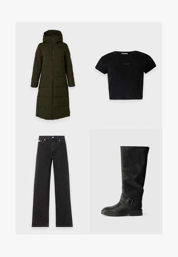 Hosszú, kapucnis puffermellény sötét olívazöld színben. Elöl cipzáros, oldalsó zsebekkel és steppelt mintázattal a szigetelés érdekében. Simább textúra.; Fekete bordázott, rövid ujjú crop top, puha anyagból készült, középen diszkrét Calvin Klein logóval. Egyszerű, klasszikus dizájn.; Fekete, bőszárú farmernadrág, magas derekú, öt zsebes kialakítással és fém gombos záródással, kontrasztos varrással.; Fekete, térdig érő csizmák, sima bőrből, lekerekített orral, vastag talppal és egy vízszintes pánttal, amely téglalap alakú csat részlettel rendelkezik.