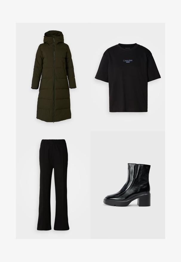 Pikend, kapuutsiga pufjakate tumerohelises oliivivärvis. Omab esimest lukku, küljetaskuid ja tikitud mustrit isolaatsiooni jaoks. Sile tekstuur.; Mustmust särk ümmarguse kaelusega, lühikeste varrukatega ja sinise tikandiga "Calvin Klein JEANS" logo ees.; Mustad elastsedü kiigepüksid, millel on laienev disain, puhaste joontega ja ilma nähtavate kaunistusteta. Valmistatud siledast, venivast kangast.; Mustmustest must paeltega särkide, millel on kõver varvas, elastsed külgpaneelid ja jäme plokkpealse. Tagaküljel on reljeefne logo.