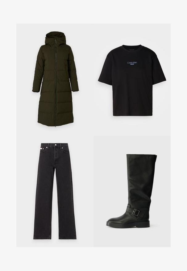Lang, hættepufferjakke i mørk olivengrøn. Har en frontlynlås, sidelommer og kviltet mønster for isolering. Glat tekstur.; Sort bomulds t-shirt med rund hals, korte ærmer og blåt broderet "Calvin Klein JEANS" logo på fronten.; Sorte vidde jeans lavet af denim, med høj talje, fem-lomme stil og en metalknap lukning med kontrasterende syninger.; Sorte knæhøje støvler lavet af glat læder, med rund tå, en tyk sål og et vandret rem med en rektangulær spænde detalje.