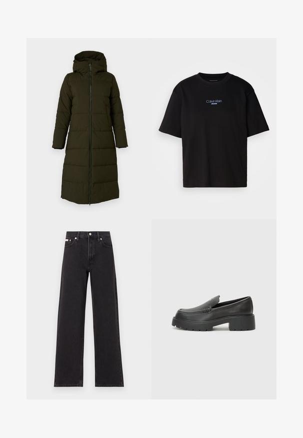 Long, hooded puffer coat in dark olive green. Features a front zipper, side pockets, and quilted pattern for insulation. Smooth texture.; Black cotton t-shirt with a round neck, short sleeves, and blue embroidered "Calvin Klein JEANS" logo on the front.; Black wide-leg jeans made of denim, featuring a high-rise waist, five-pocket styling, and a metal button closure with contrasting stitching.; Black leather loafers with a rounded toe, thick textured sole, and minimal stitching details. Sleek design with no visible laces or hardware.