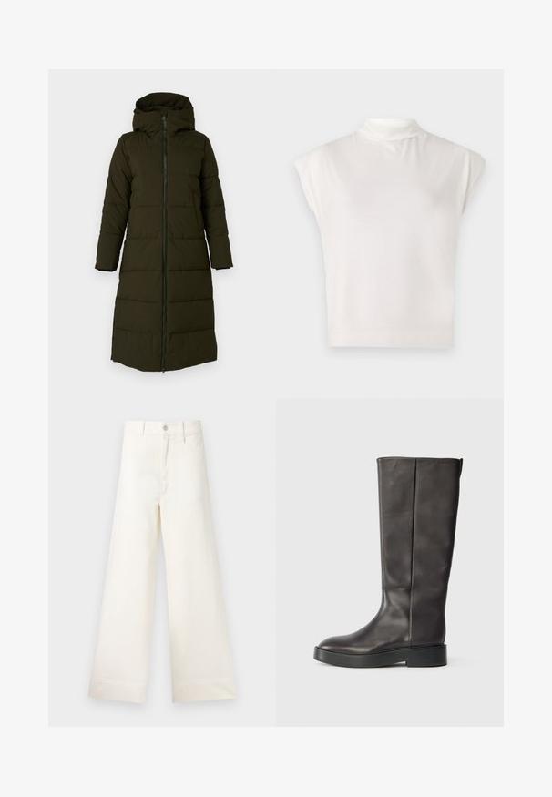 Garšs, kapuces trikotāžas mētelis tumši olīvzaļā krāsā. Iekļauj priekšējo rāvējslēdzēju, sānu kabatas un quilted rakstu siltumizolācijai. Gluda tekstūra.; Balta bezpiedurkņu turtlenecka blūze, kas izgatavota no mīkstas auduma, ar strukturētu dizainu, vienmērīgu tekstūru un smalkām ribotām apakšmalām.; Platākas kāju bikses gaiši pelēkā kokvilnā. Iespējams augsts jostasvieta, priekšējās kabatas un taisna griezuma. Tīrs apakšmalas apdare bez rakstiem.; Melnas ādas zābaki līdz ceļiem ar biezu zoli un smalku Calvin Klein logo tuvāk augšējai mala, attēlots no sāna.