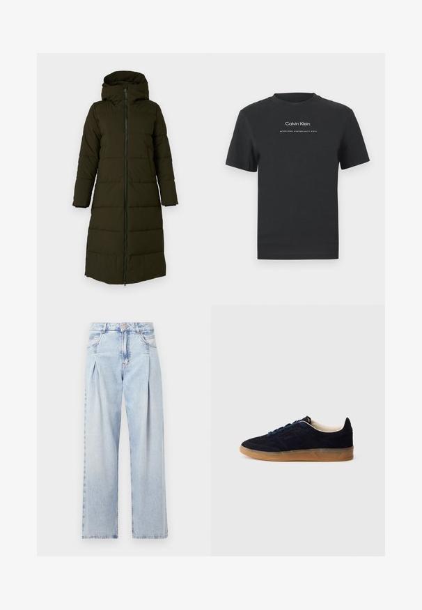 Palton puf lung, cu glugă, de culoare verde măsliniu închis. Are un fermoar frontal, buzunare laterale și un model matlasat pentru izolație. Textură netedă.; Tricou din bumbac negru cu guler rotund, mâneci scurte și logo-ul imprimat „Calvin Klein” în alb, împreună cu textul „Established 1968”.; Jeans din denim albastru deschis cu talie înaltă, croială evazată, două buzunare laterale și un design pliat. Textură moale cu un finisaj decolorat.; Pantof sport din piele întoarsă bleumarin cu talpă din cauciuc gumă, șireturi albastre și design minimalist. Prezintă un logo în relief pe lateral și o căptușeală interioară netedă.